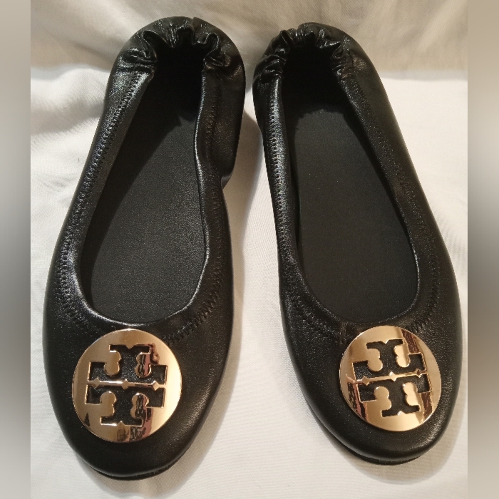 Tory Burch Black and Gold Leather Flats